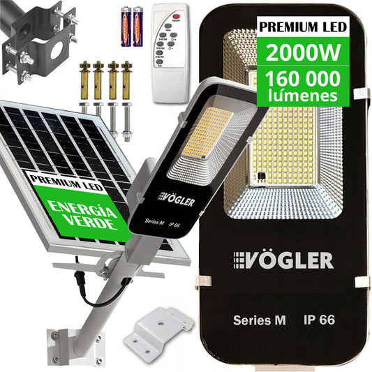 Potente lámpara solar, sensor crepuscular, mando a distancia, Vögler Series M 2000W
