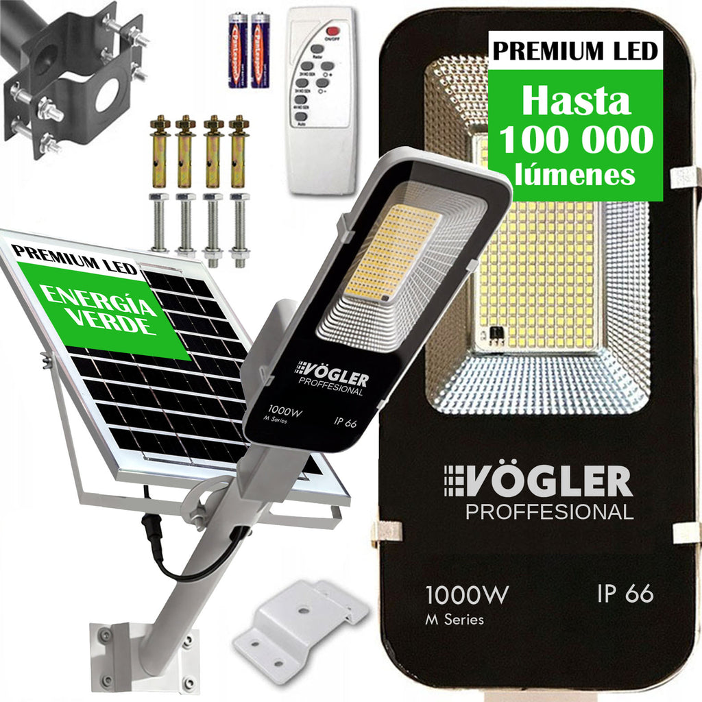 Lámpara solar de alta potencia, sensor crepuscular, control remoto, Vögler Professional 1000W