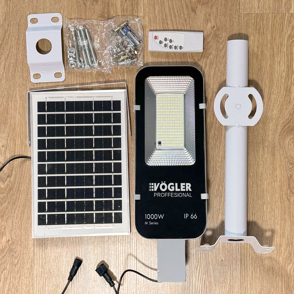 Lámpara solar de alta potencia, sensor crepuscular, control remoto, Vögler Professional 1000W