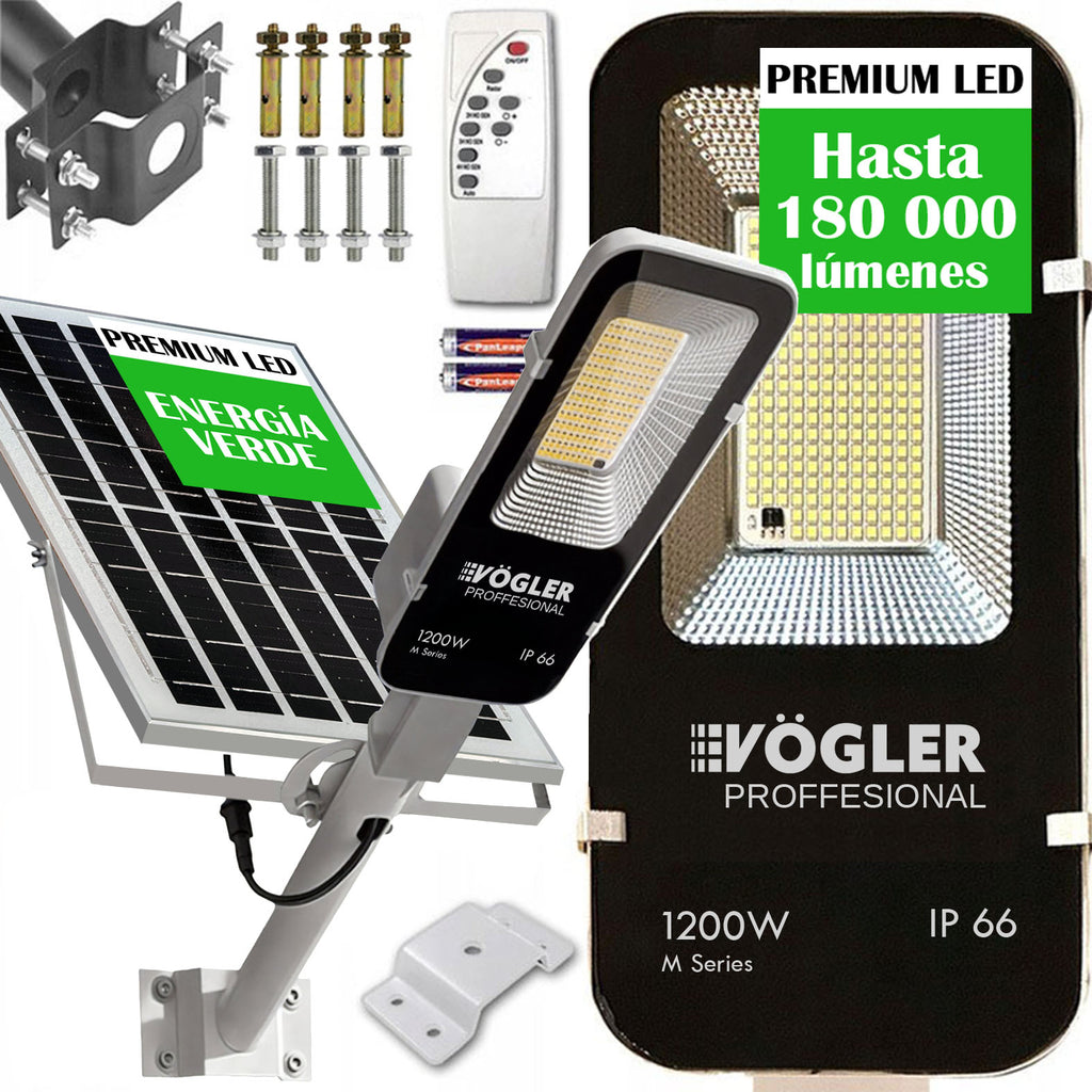 Lámpara solar de alta potencia, sensor crepuscular, control remoto, Vögler Professional 1200W