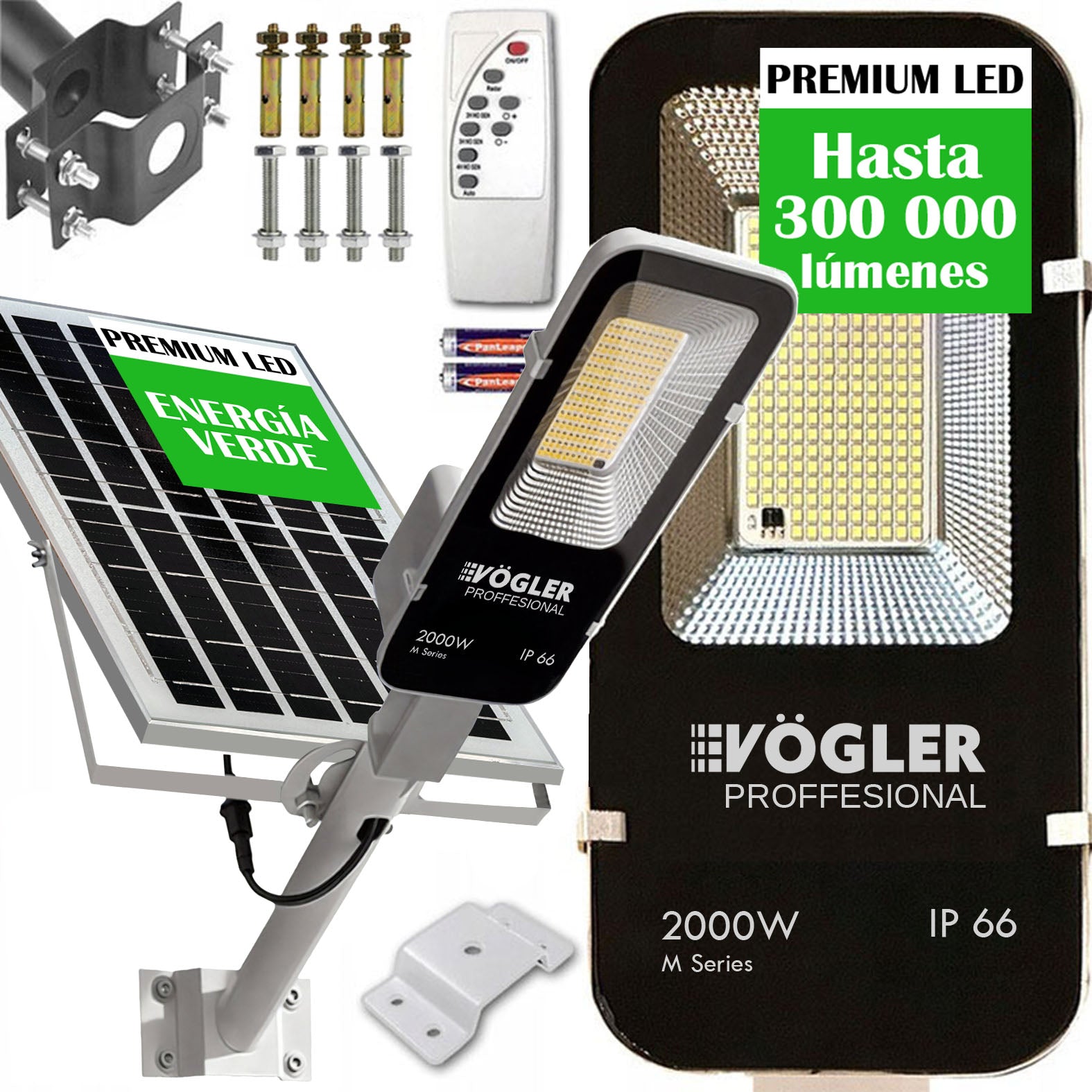 Lámpara solar de alta potencia, sensor crepuscular, control remoto, Vögler Professional 2000W