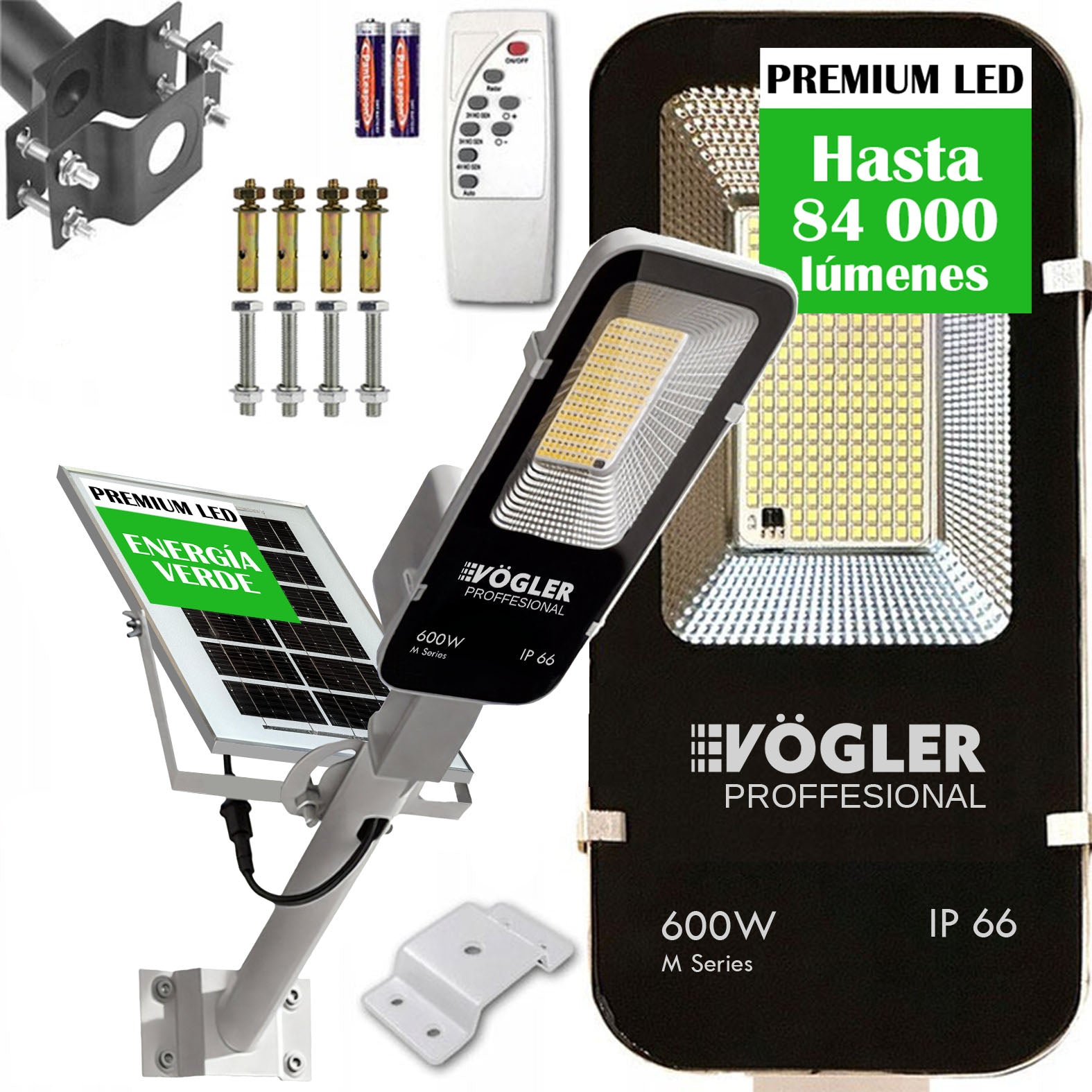 Lámpara solar de alta potencia, sensor crepuscular, control remoto, Vögler Professional 600W