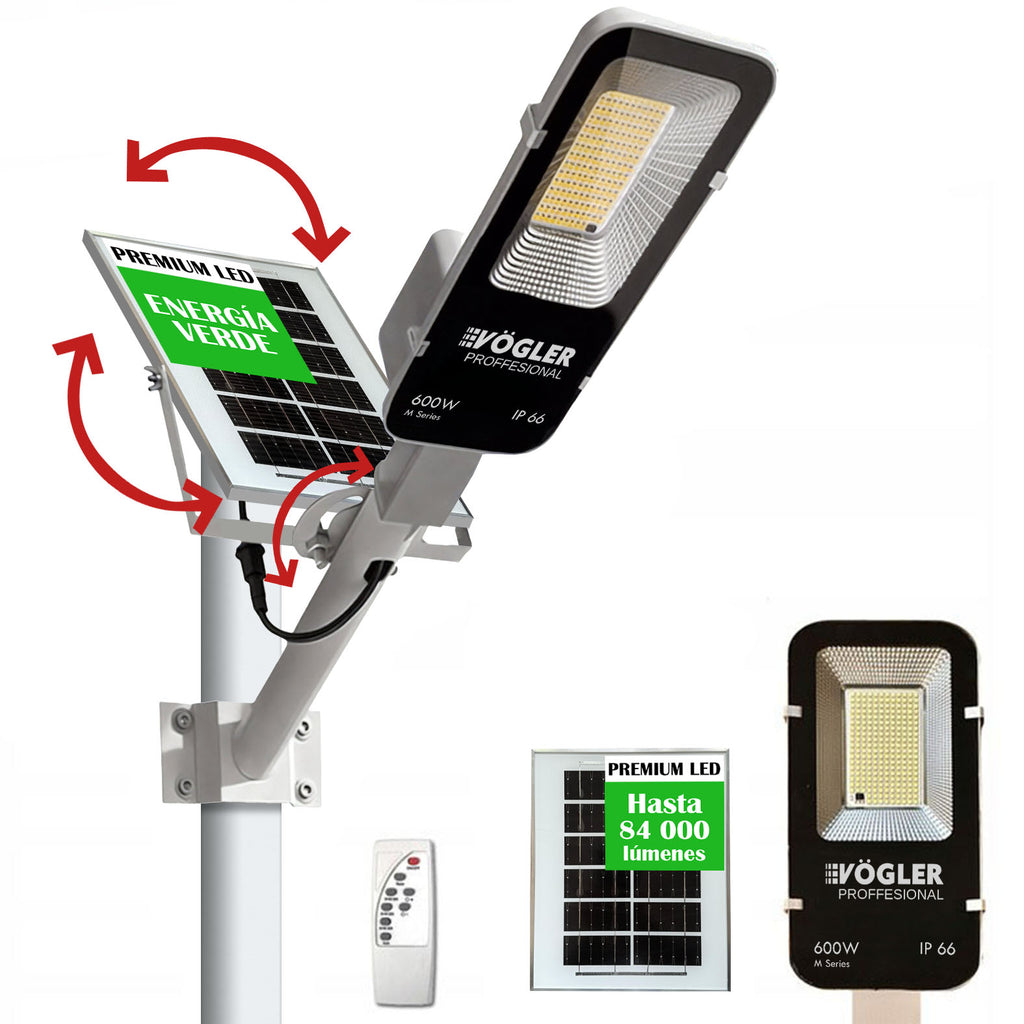 Lámpara solar de alta potencia, sensor crepuscular, control remoto, Vögler Professional 600W