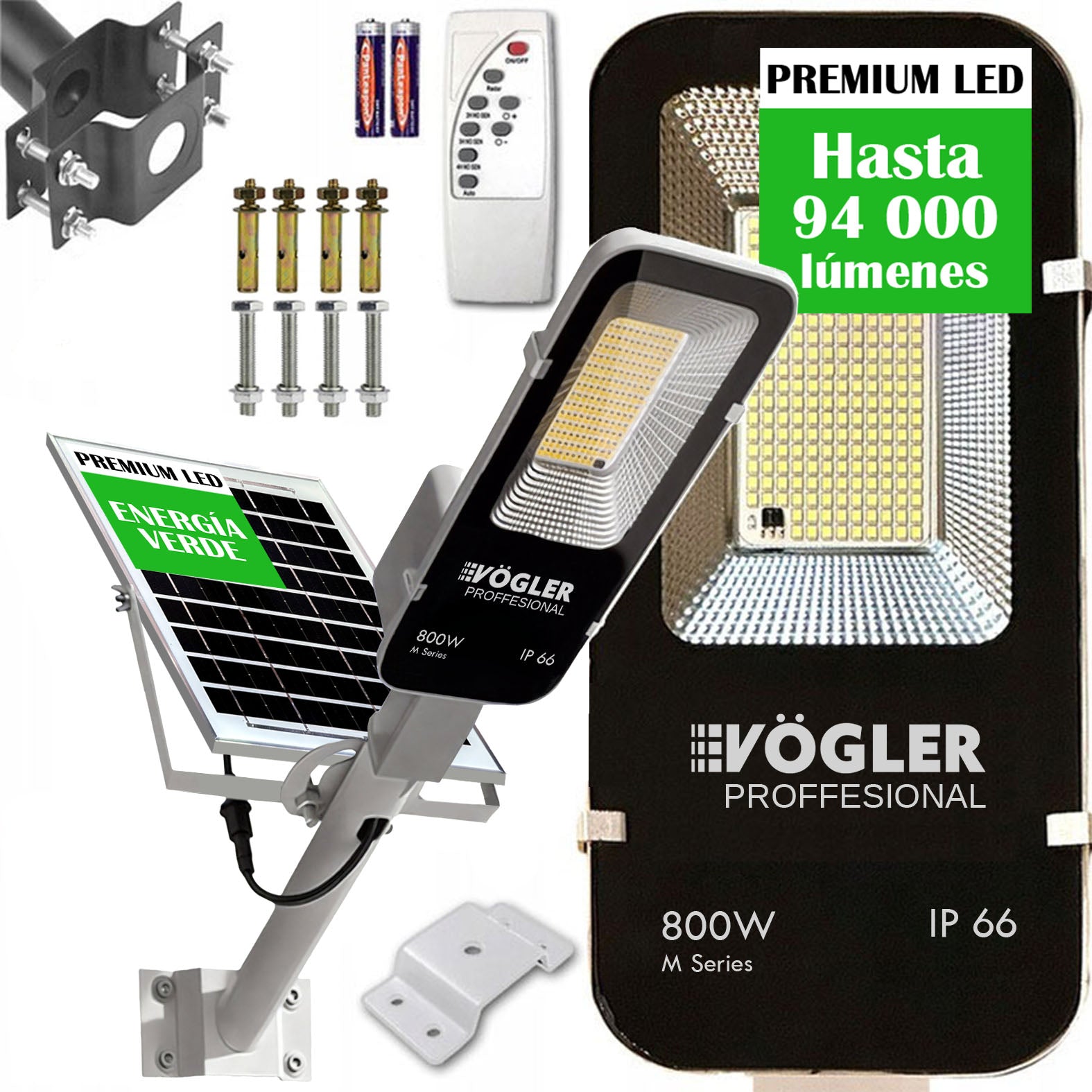 Lámpara solar de alta potencia, sensor crepuscular, control remoto, Vögler Professional 800W