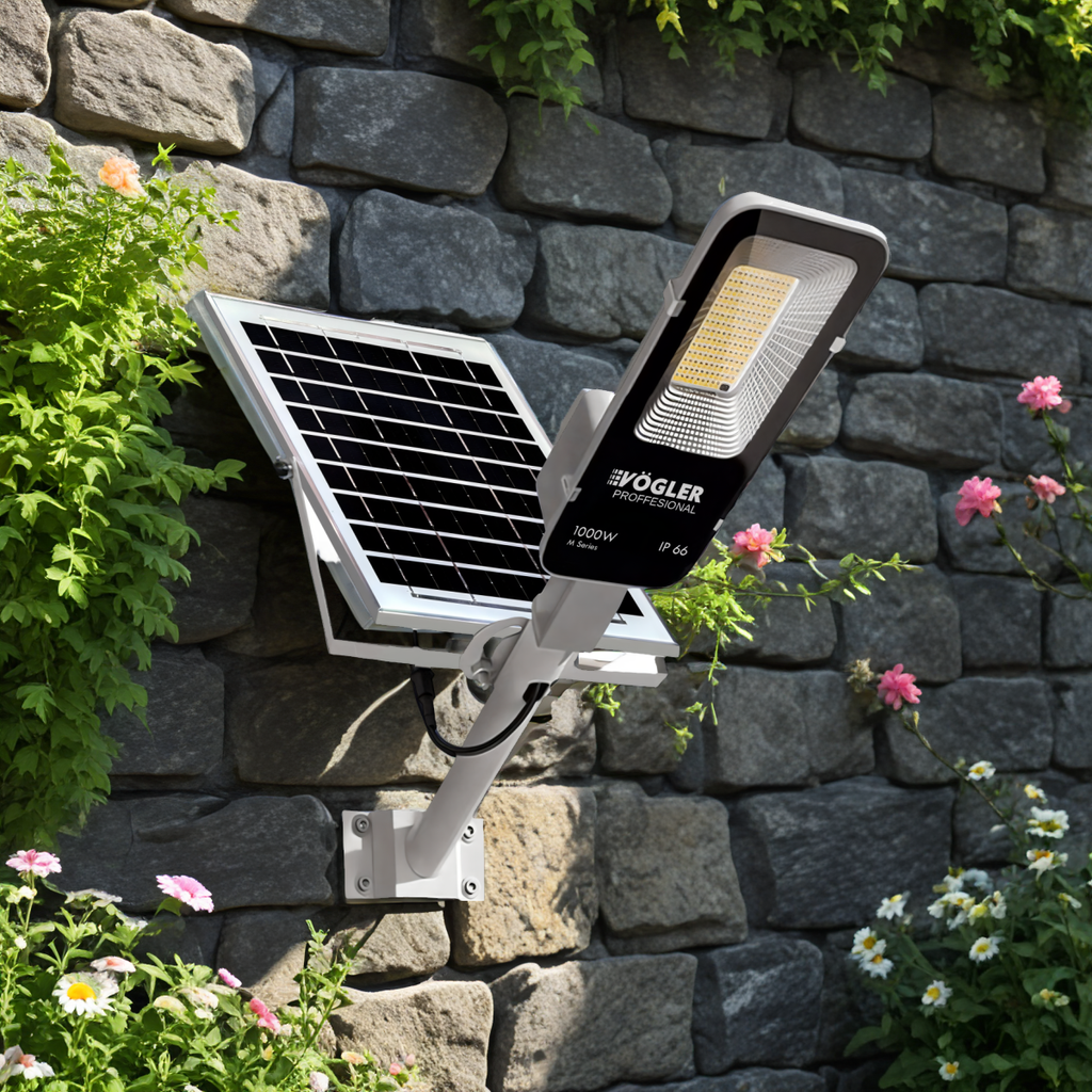 Lámpara solar de alta potencia, sensor crepuscular, control remoto, Vögler Professional 1000W