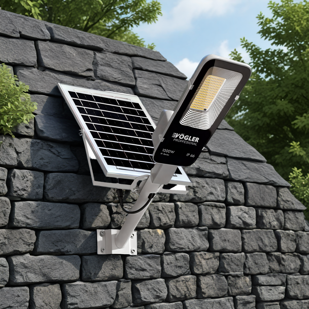 Lámpara solar de alta potencia, sensor crepuscular, control remoto, Vögler Professional 1000W
