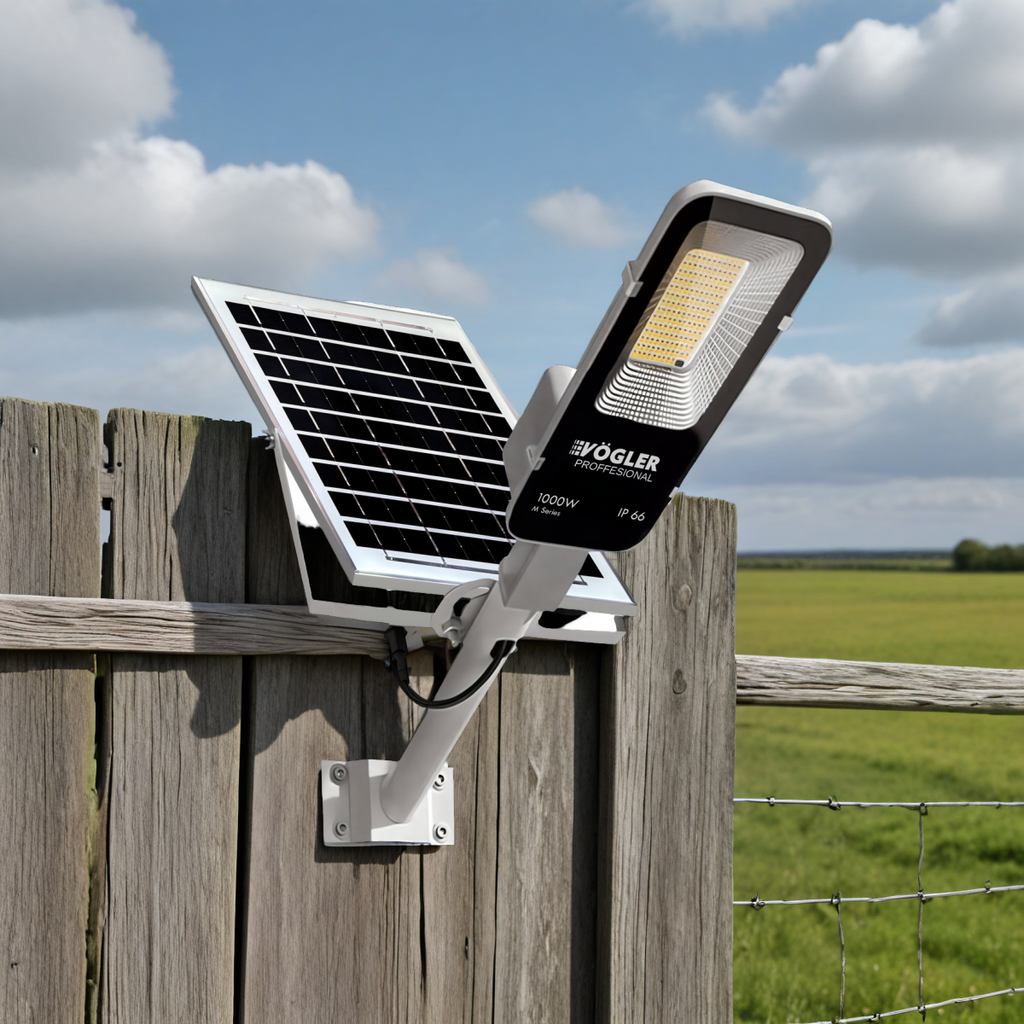 Lámpara solar de alta potencia, sensor crepuscular, control remoto, Vögler Professional 1000W