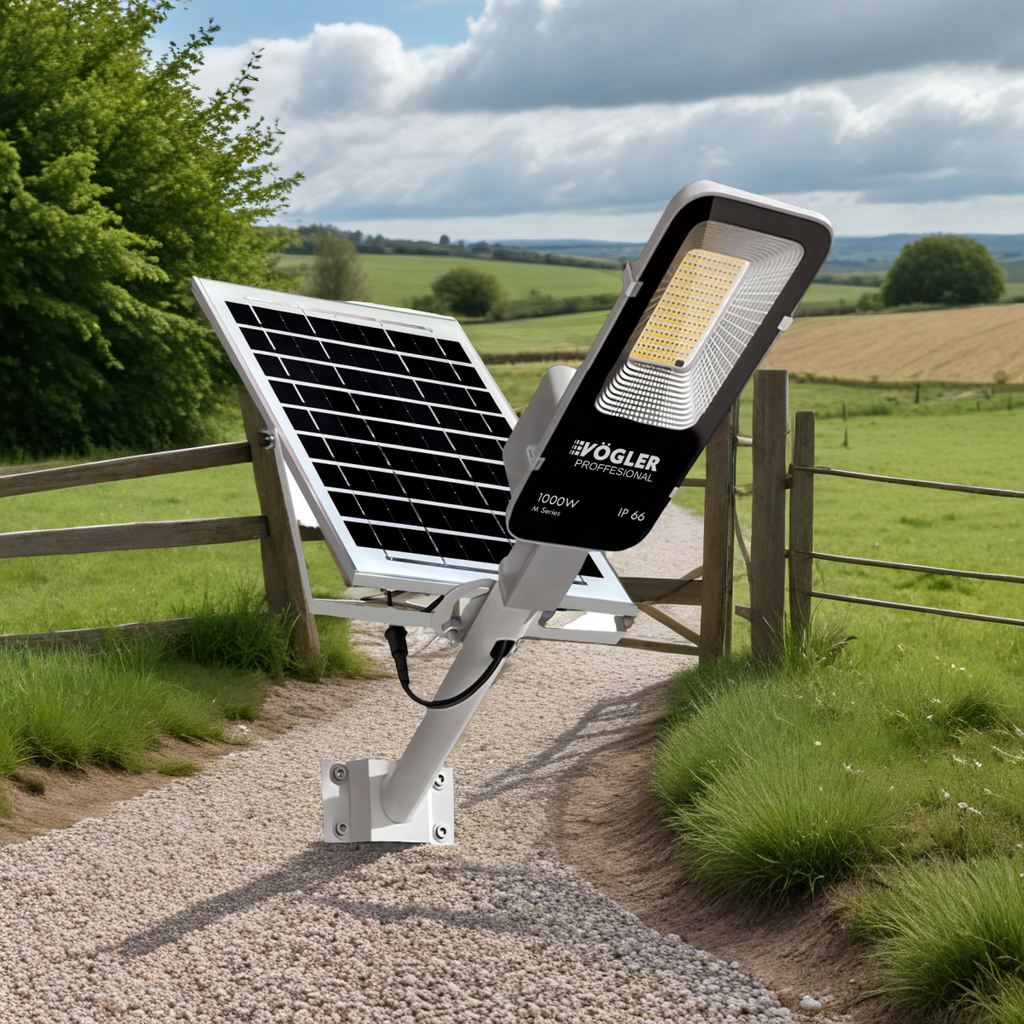 Lámpara solar de alta potencia, sensor crepuscular, control remoto, Vögler Professional 1000W