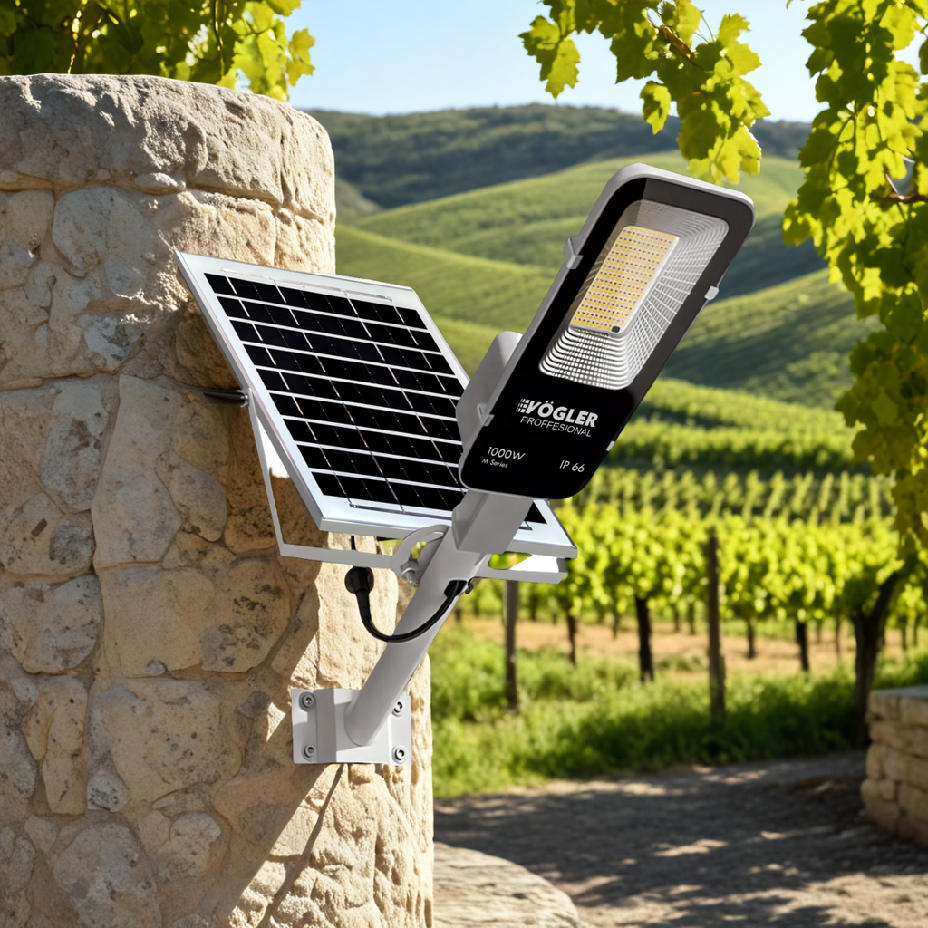 Lámpara solar de alta potencia, sensor crepuscular, control remoto, Vögler Professional 1000W