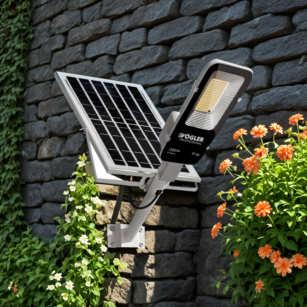 Lámpara solar de alta potencia, sensor crepuscular, control remoto, Vögler Professional 1200W