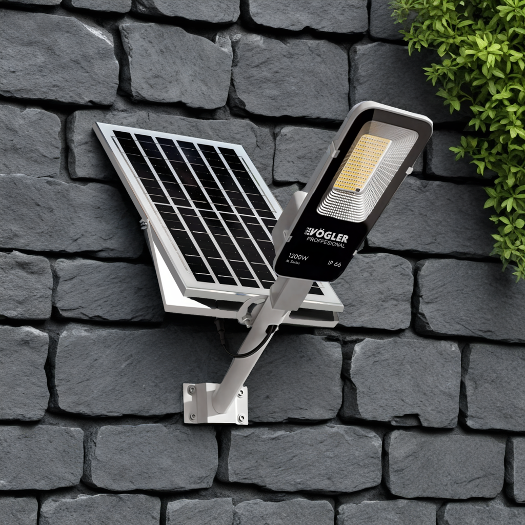 Lámpara solar de alta potencia, sensor crepuscular, control remoto, Vögler Professional 1200W