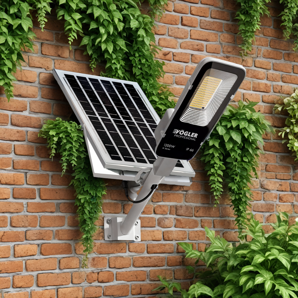 Lámpara solar de alta potencia, sensor crepuscular, control remoto, Vögler Professional 1200W