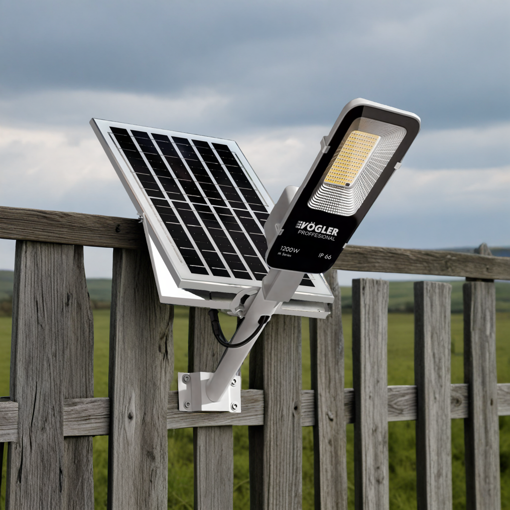 Lámpara solar de alta potencia, sensor crepuscular, control remoto, Vögler Professional 1200W