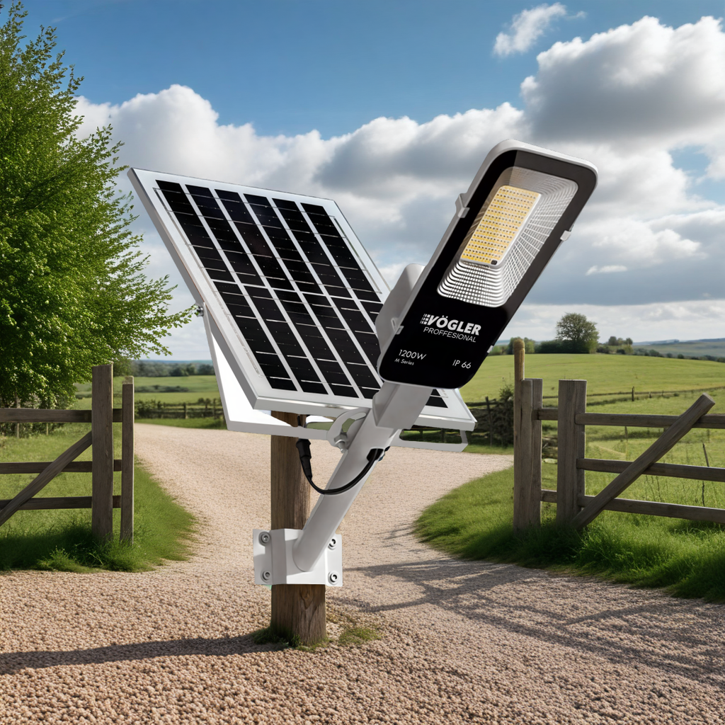 Lámpara solar de alta potencia, sensor crepuscular, control remoto, Vögler Professional 1200W