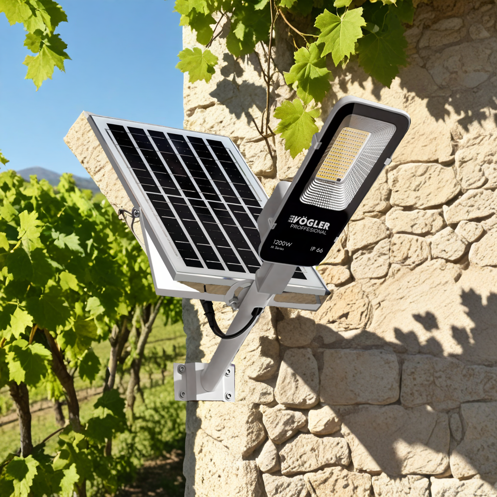 Lámpara solar de alta potencia, sensor crepuscular, control remoto, Vögler Professional 1200W