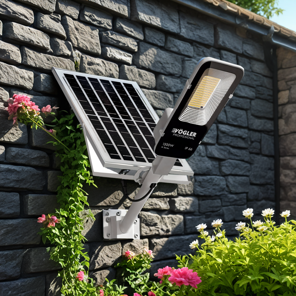 Lámpara solar de alta potencia, sensor crepuscular, control remoto, Vögler Professional 1500W