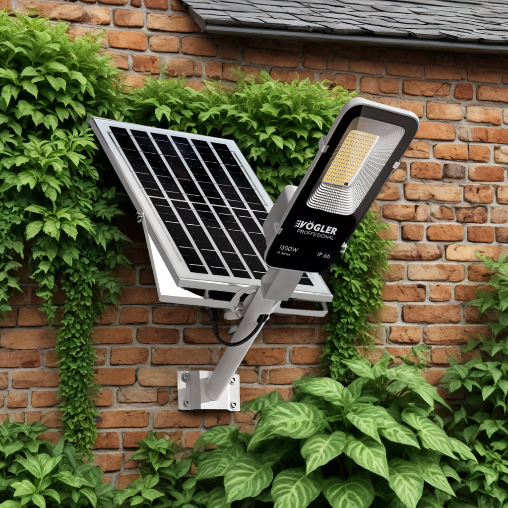 Lámpara solar de alta potencia, sensor crepuscular, control remoto, Vögler Professional 1500W