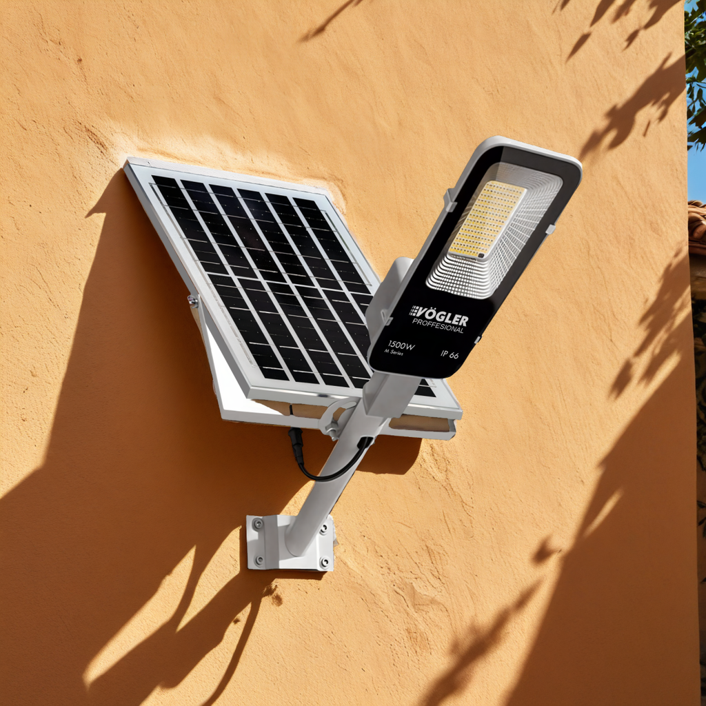 Lámpara solar de alta potencia, sensor crepuscular, control remoto, Vögler Professional 1500W