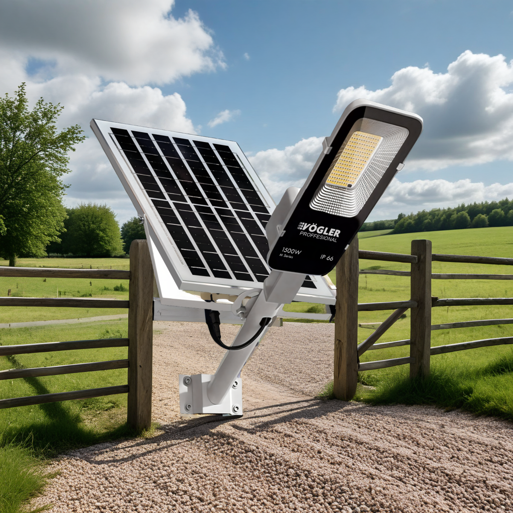 Lámpara solar de alta potencia, sensor crepuscular, control remoto, Vögler Professional 1500W