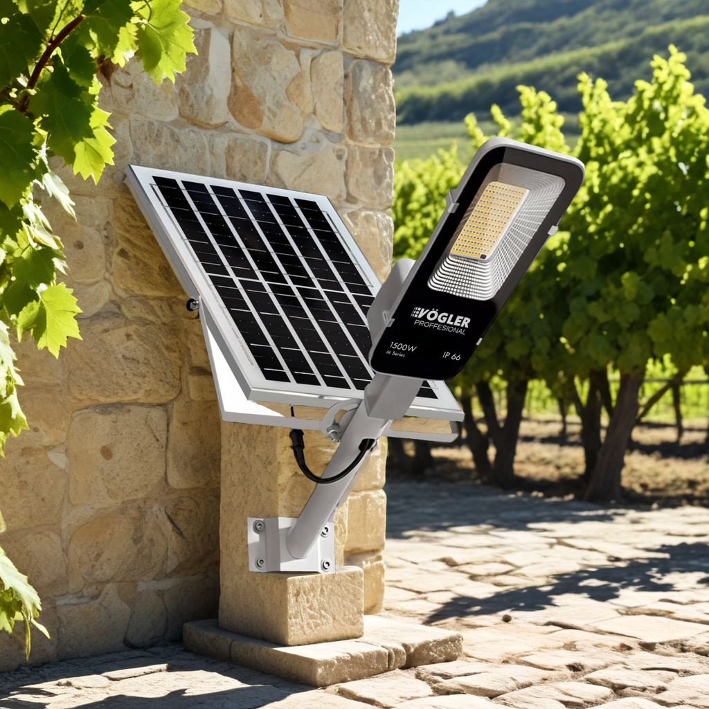 Lámpara solar de alta potencia, sensor crepuscular, control remoto, Vögler Professional 1500W