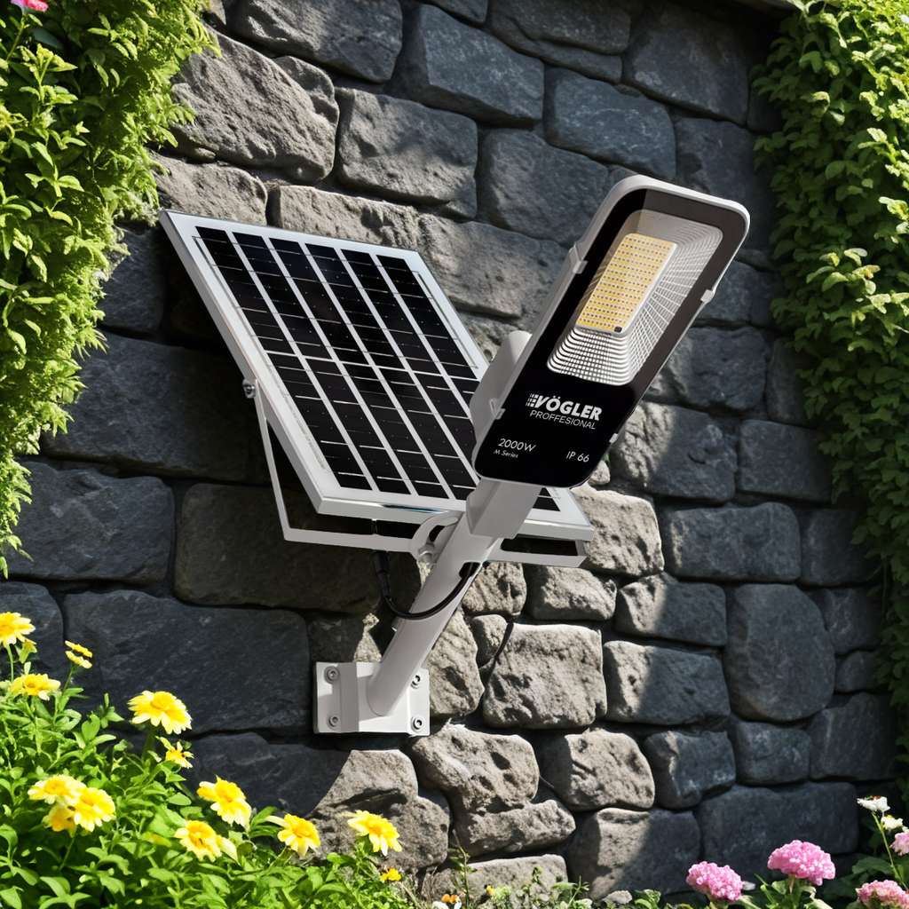 Lámpara solar de alta potencia, sensor crepuscular, control remoto, Vögler Professional 2000W