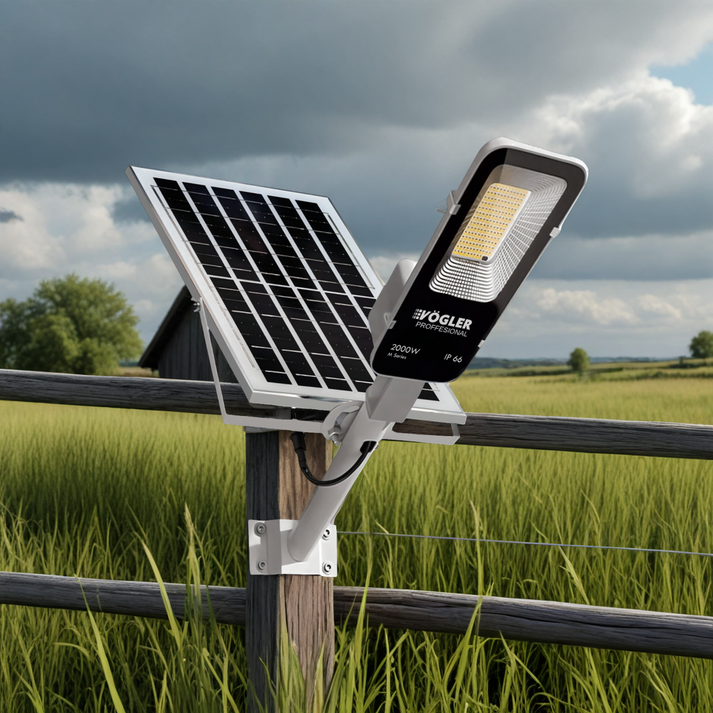 Lámpara solar de alta potencia, sensor crepuscular, control remoto, Vögler Professional 2000W