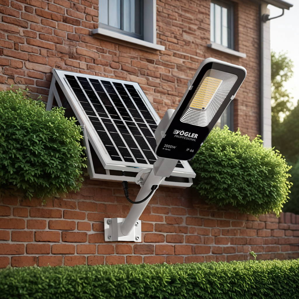 Lámpara solar de alta potencia, sensor crepuscular, control remoto, Vögler Professional 2000W