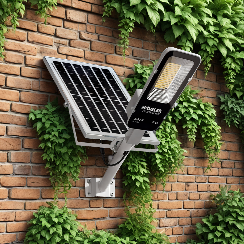 Lámpara solar de alta potencia, sensor crepuscular, control remoto, Vögler Professional 2000W