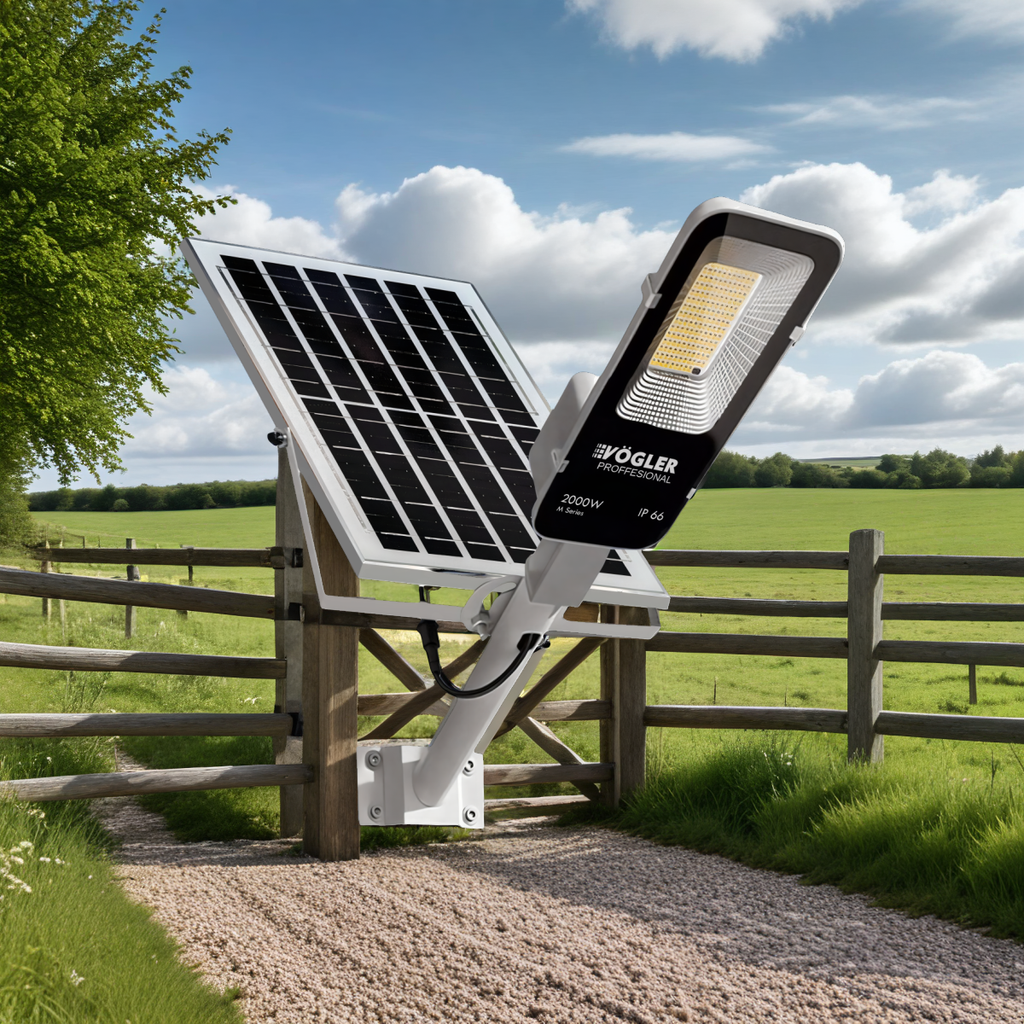 Lámpara solar de alta potencia, sensor crepuscular, control remoto, Vögler Professional 2000W
