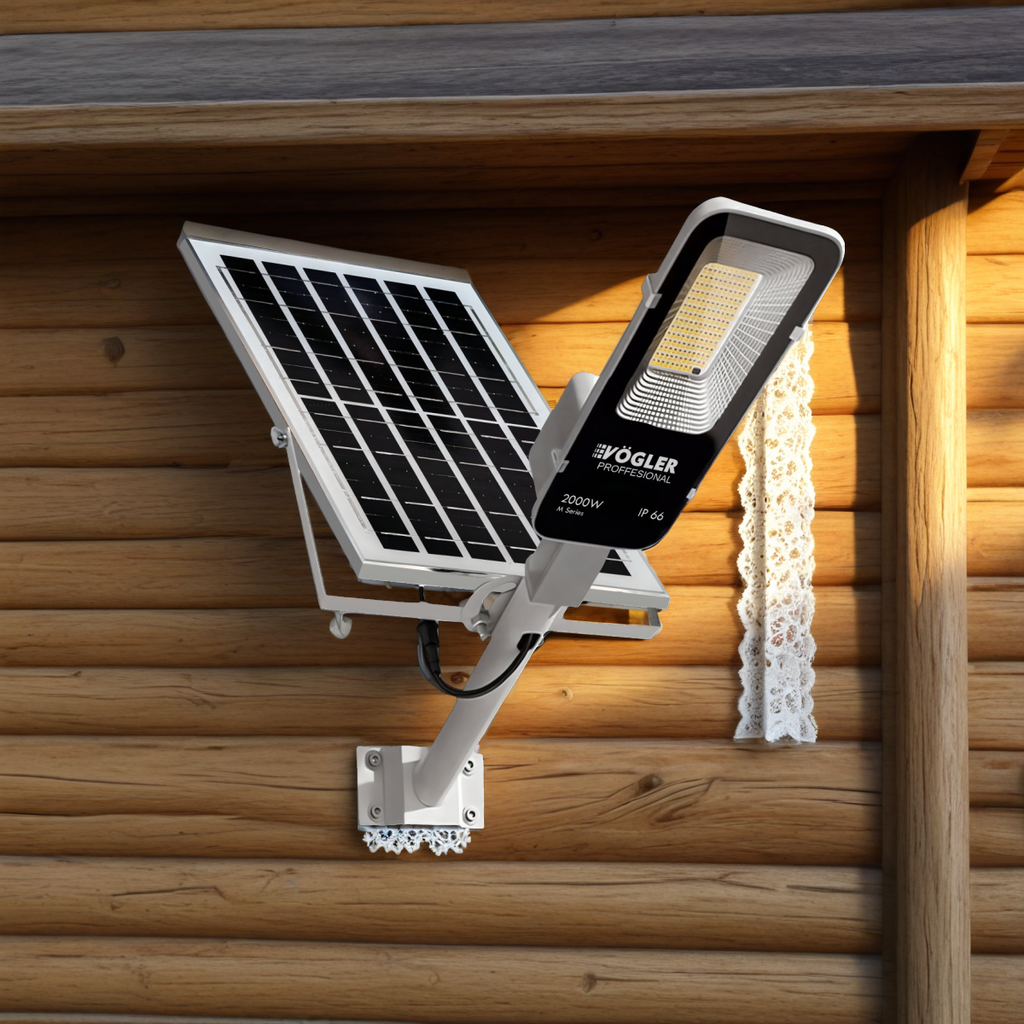 Lámpara solar de alta potencia, sensor crepuscular, control remoto, Vögler Professional 2000W