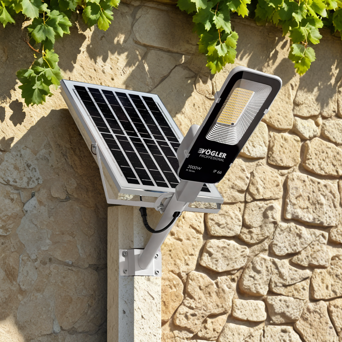 Lámpara solar de alta potencia, sensor crepuscular, control remoto, Vögler Professional 2000W