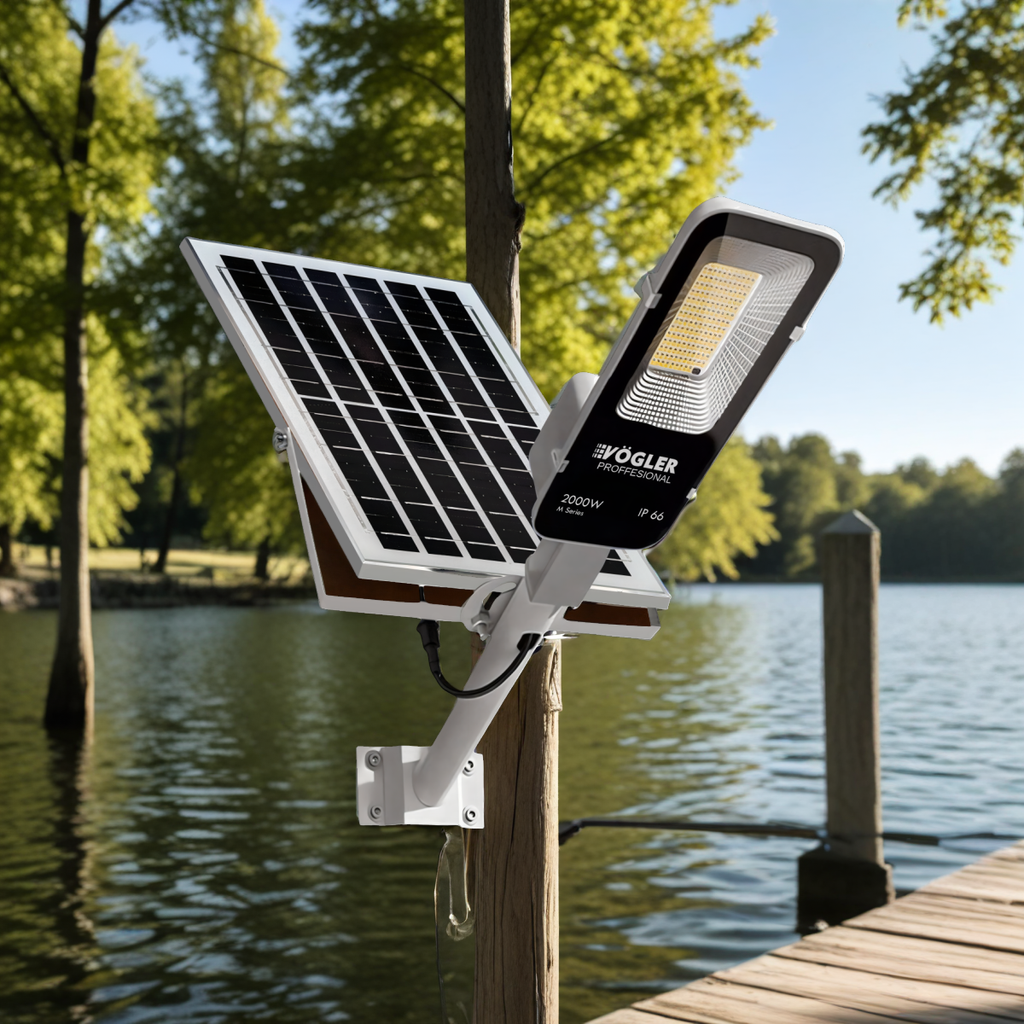 Lámpara solar de alta potencia, sensor crepuscular, control remoto, Vögler Professional 2000W