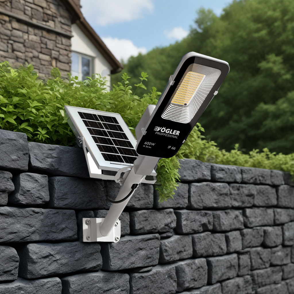 Lámpara solar de alta potencia, sensor crepuscular, control remoto, Vögler Professional 600W