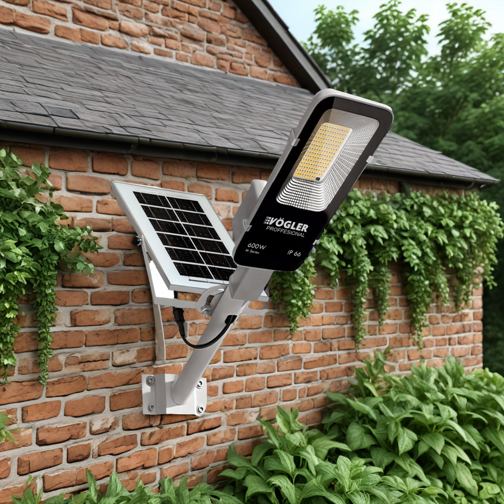Lámpara solar de alta potencia, sensor crepuscular, control remoto, Vögler Professional 600W