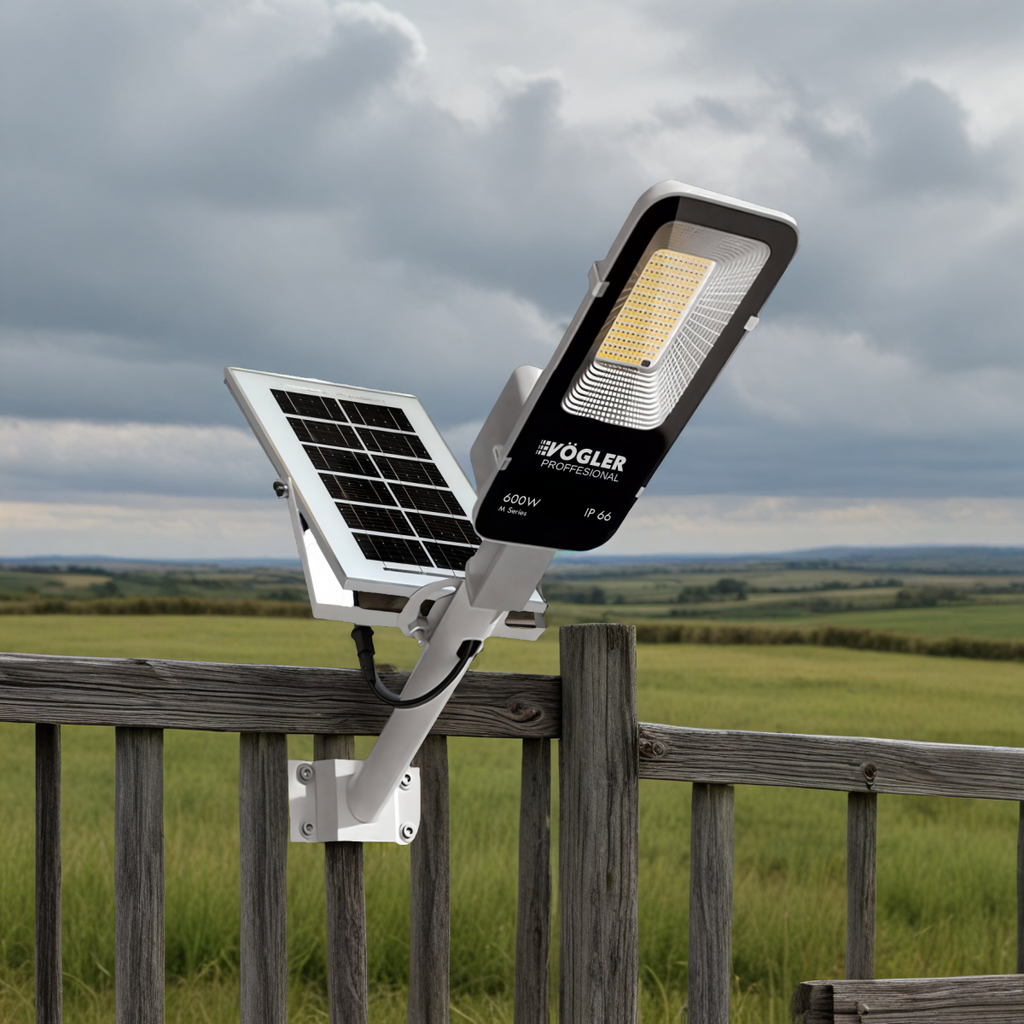 Lámpara solar de alta potencia, sensor crepuscular, control remoto, Vögler Professional 600W