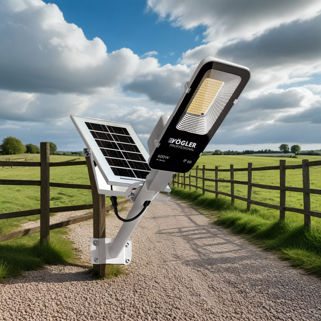 Lámpara solar de alta potencia, sensor crepuscular, control remoto, Vögler Professional 600W