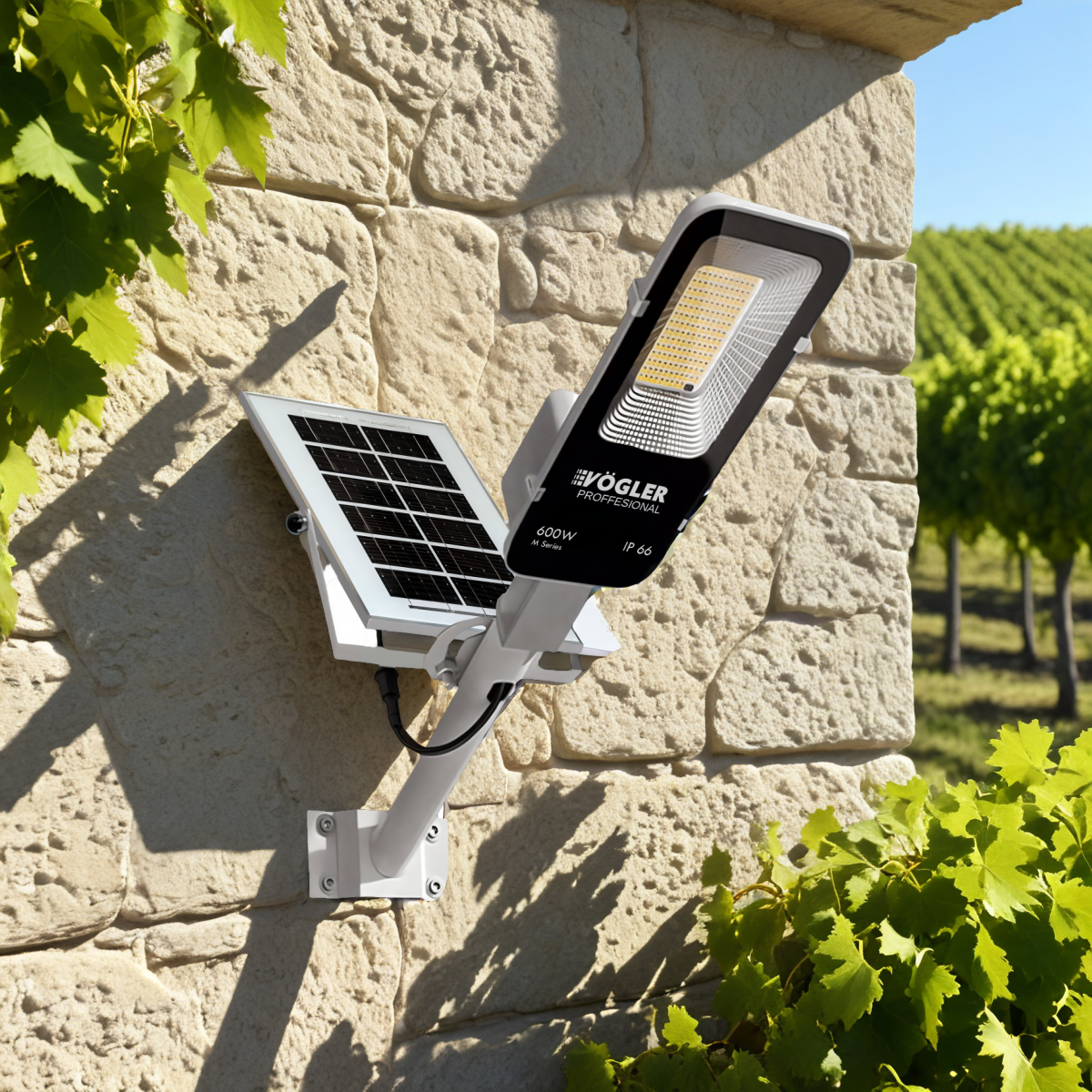 Lámpara solar de alta potencia, sensor crepuscular, control remoto, Vögler Professional 600W