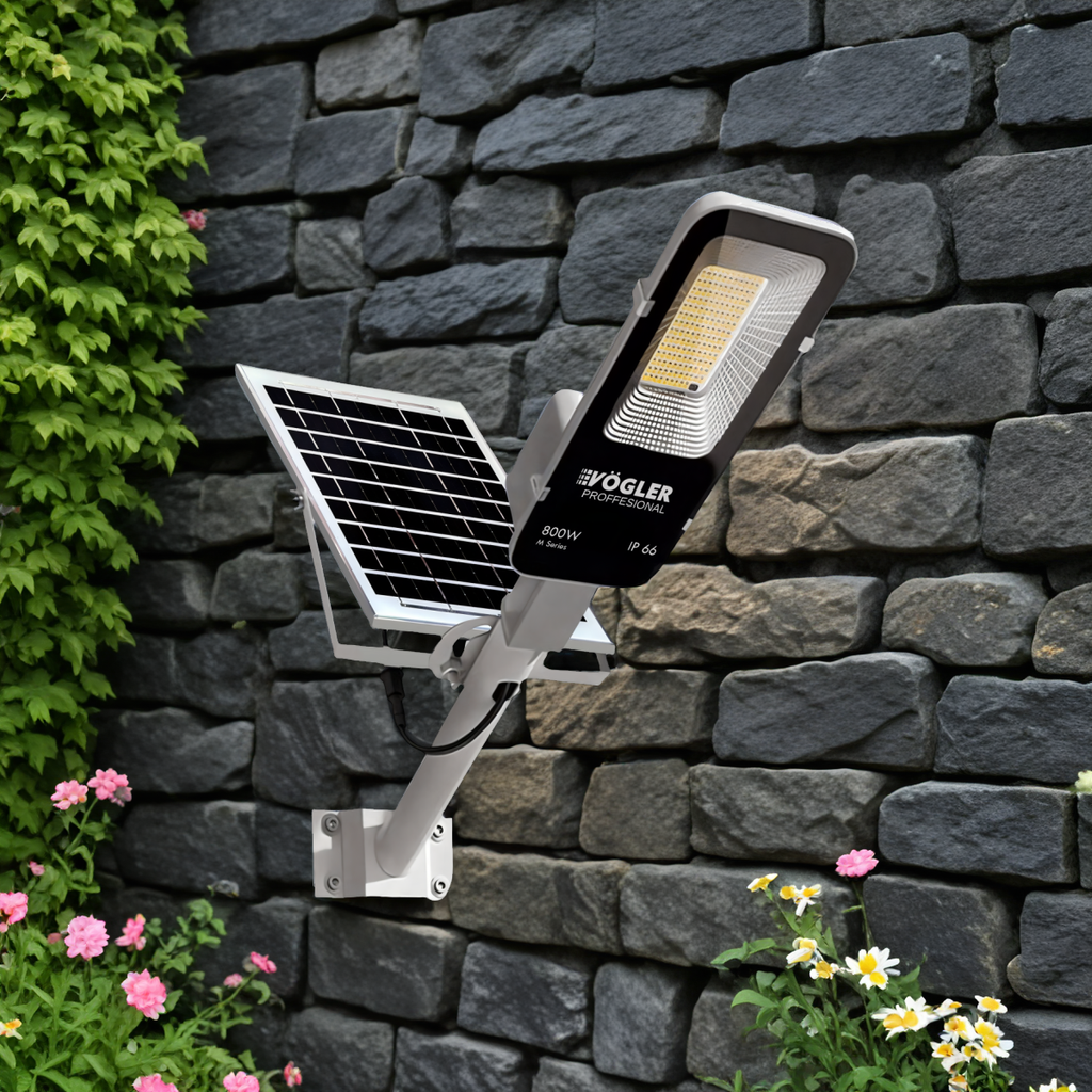 Lámpara solar de alta potencia, sensor crepuscular, control remoto, Vögler Professional 800W