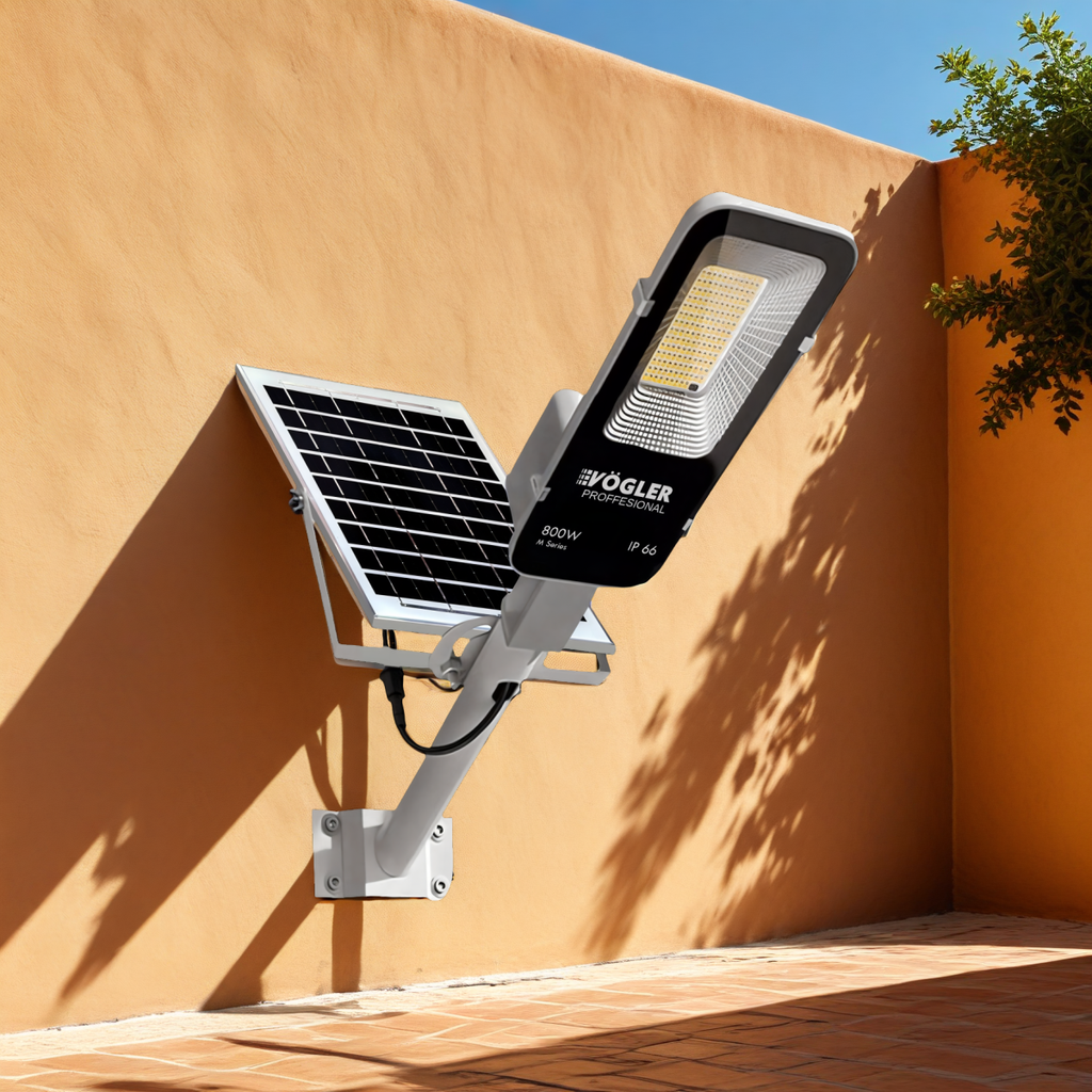 Lámpara solar de alta potencia, sensor crepuscular, control remoto, Vögler Professional 800W