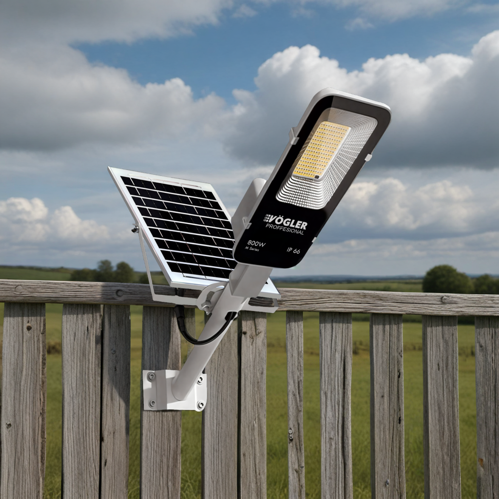 Lámpara solar de alta potencia, sensor crepuscular, control remoto, Vögler Professional 800W