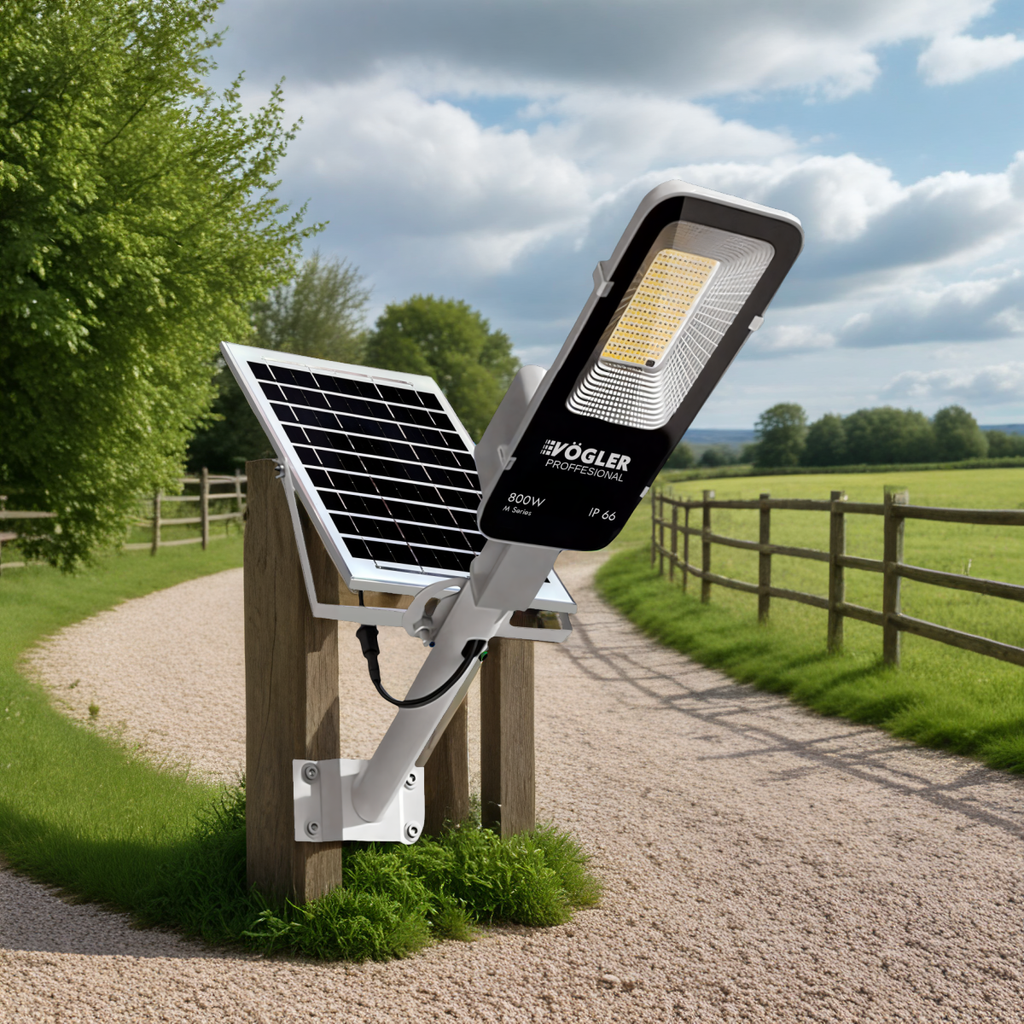 Lámpara solar de alta potencia, sensor crepuscular, control remoto, Vögler Professional 800W