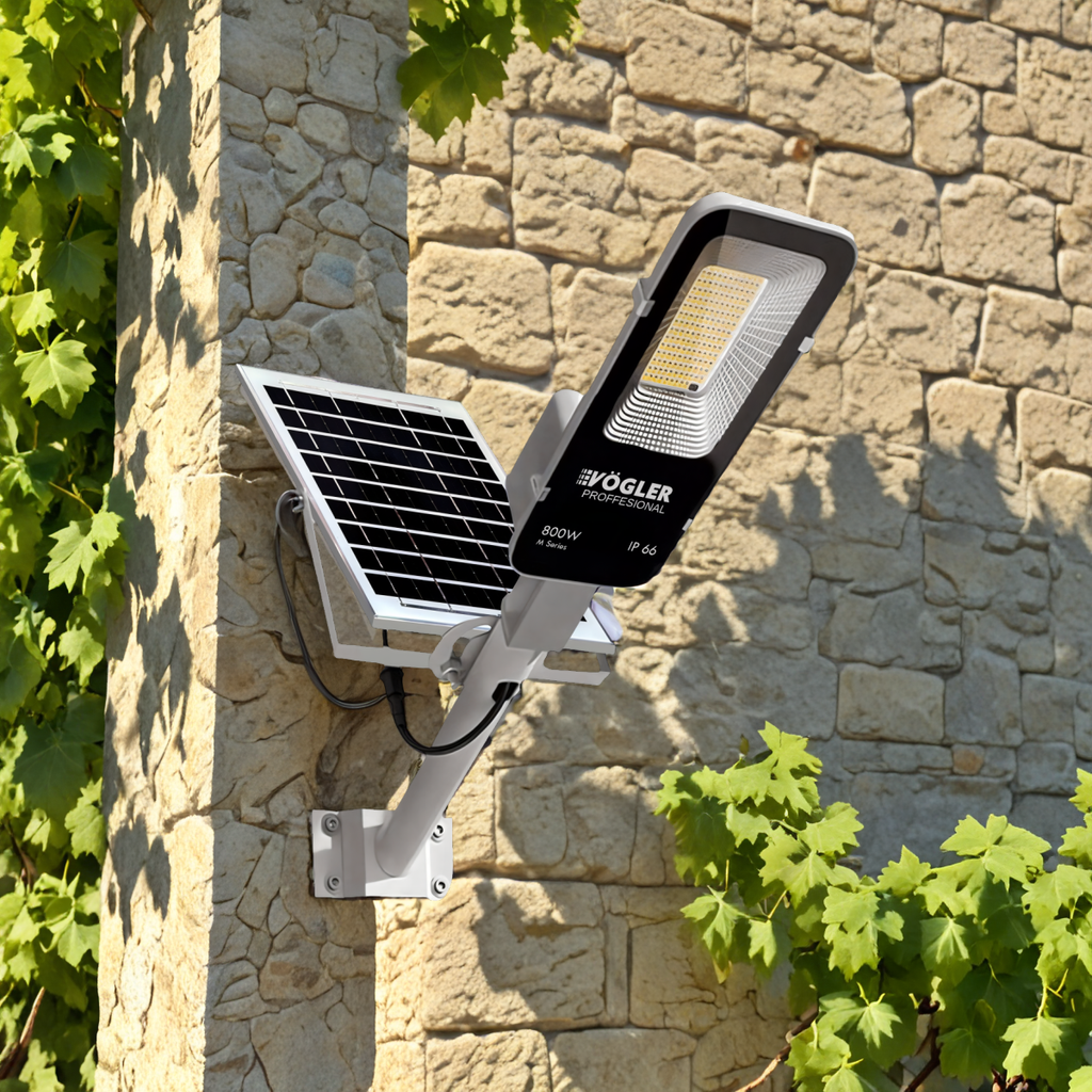 Lámpara solar de alta potencia, sensor crepuscular, control remoto, Vögler Professional 800W